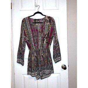 MILKY WAY Paisley Print Faux Wrap Long Sleeve Elastic Waist Romper Shorts Sz M